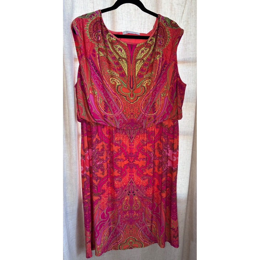 Peter Nygard Pink Orange Paisley Sleeveless Blouson Knee Length Dress Plus 18/20